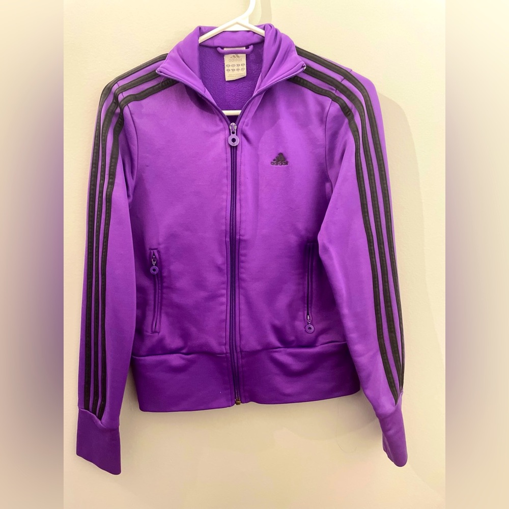 Small purple and black stripped adidas track jacket.